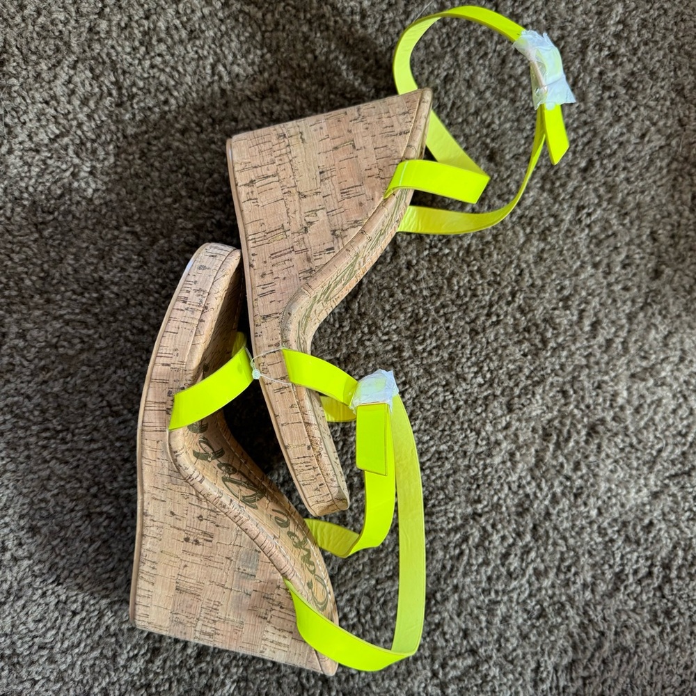 Neon Yellow Cork Wedge Sandals - Women's Open Toe Slip-On - Picture 2 of 7